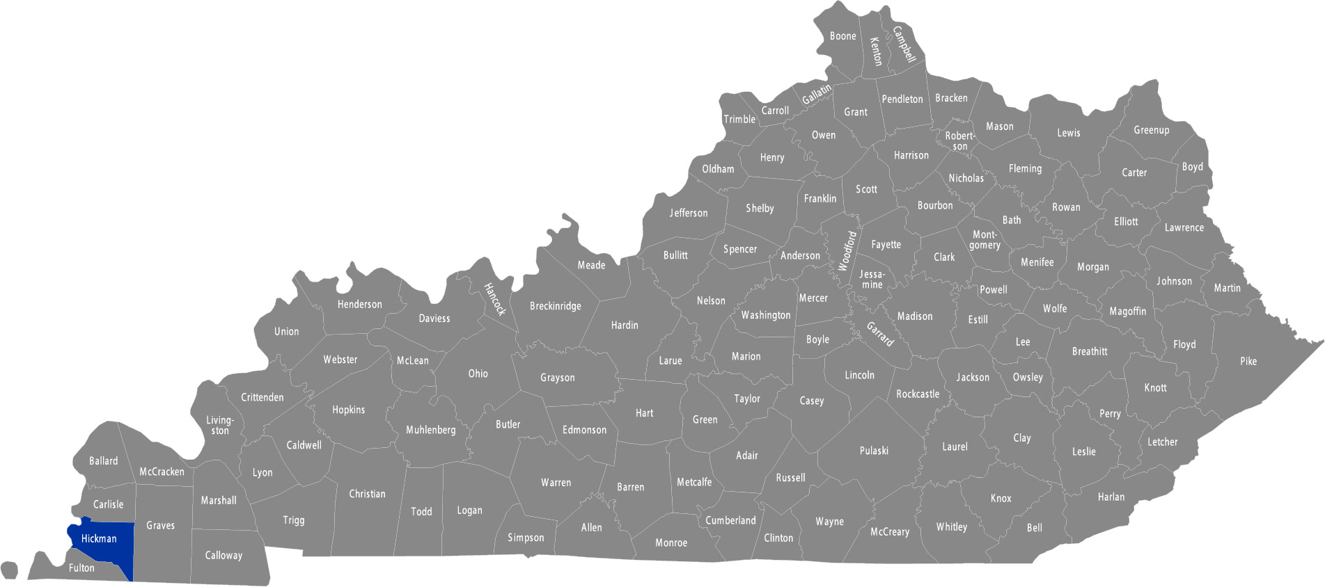 State of Kentucky map with Hickman County highlighted